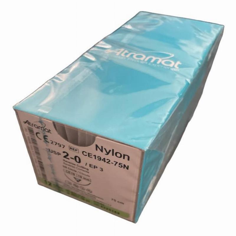 Нейлон (поліамід) CE1942-75N чорний монофіламент, що не розсмоктується USP 2-0 (EP3) зі зворотн.-ріж. голкою 19мм, 3/8кола, довж. нитки 75см